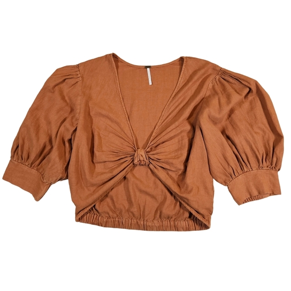 Young Fabulous&Broke Linen Blend Cropped Knot Front Miranda Top, Orange, Small - Picture 7 of 15